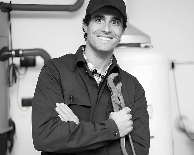 Handwerker hält eine Zange mit verschränkten Armen und lächelt in die Kamera